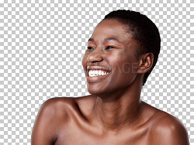 Buy stock photo African woman, happy and face with makeup or beauty for skin, glow or healthy facial cosmetics on transparent, isolated or png background. Black model, smile and skin care in dermatology salon