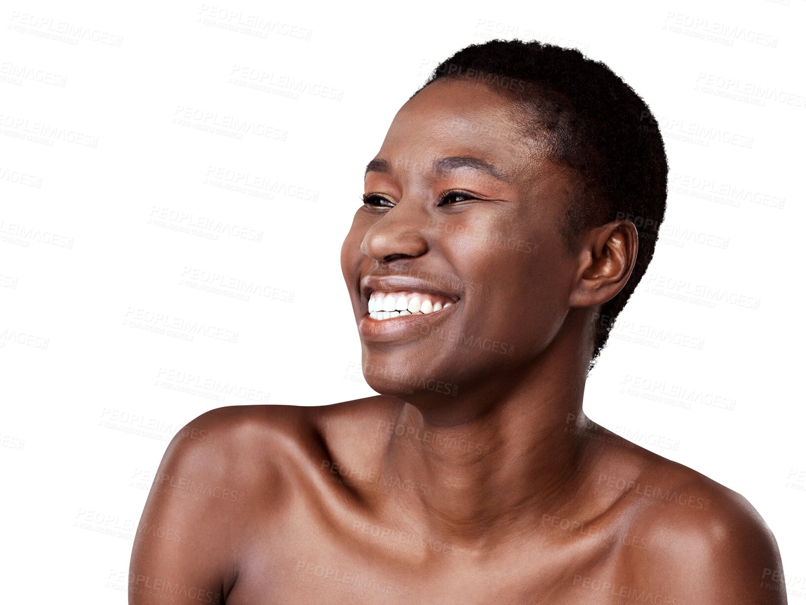 Buy stock photo African woman, happy and face with makeup or beauty for skin, glow or healthy facial cosmetics on transparent, isolated or png background. Black model, smile and skin care in dermatology salon