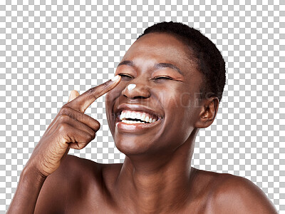 Buy stock photo Funny, skincare and black woman with cream, natural beauty and smile isolated on a transparent background. Female person, laughing or model with lotion, wellness and self care with dermatology or png