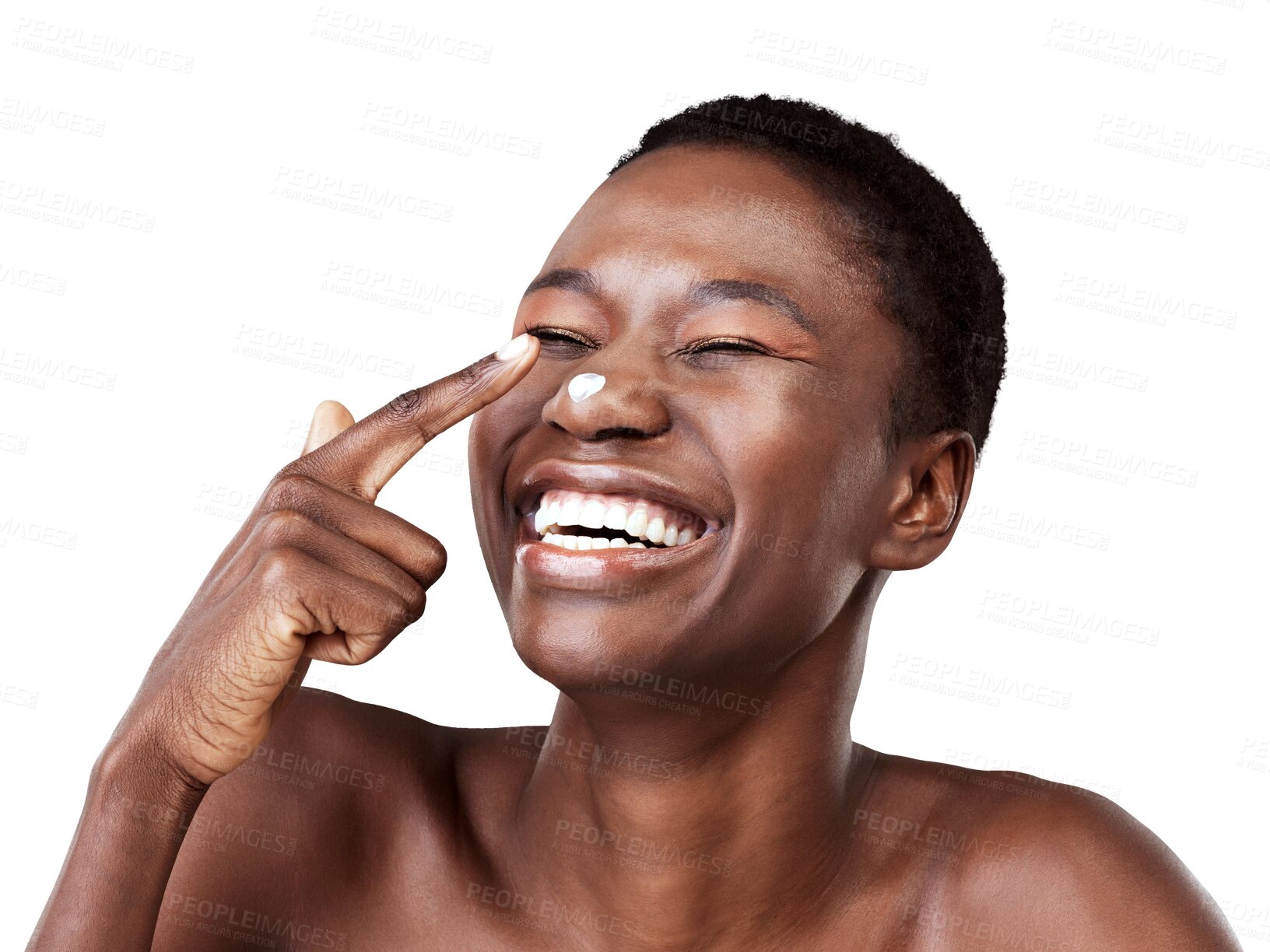 Buy stock photo Funny, skincare and black woman with cream, natural beauty and smile isolated on a transparent background. Female person, laughing or model with lotion, wellness and self care with dermatology or png