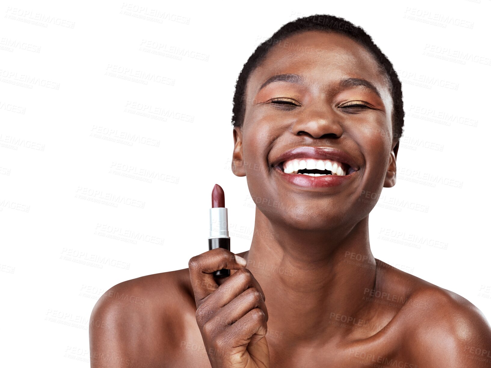 Buy stock photo lipstick, lips and excited or happy woman isolated on transparent png background for makeup or product promotion. Model or african person with red cosmetics, shine and color for skincare and beauty