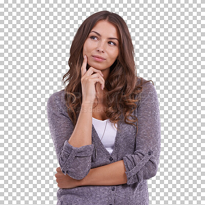 Buy stock photo Thinking, wonder and woman with idea and decision on isolated, png and transparent background. Advertising, choice and female person pose with thoughtful face for problem solving, solution and doubt