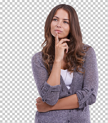 Buy stock photo Thinking, doubt and woman with choice and decision on isolated, png and transparent background. Advertising, ideas and female person pose with thoughtful face for problem solving, solution and wonder