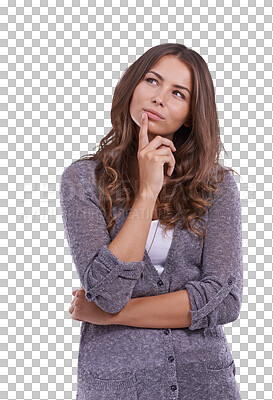 Buy stock photo Thinking, choice and woman with idea and decision on isolated, png and transparent background. Advertising, confused and female person with thoughtful face for problem solving, solution and doubt