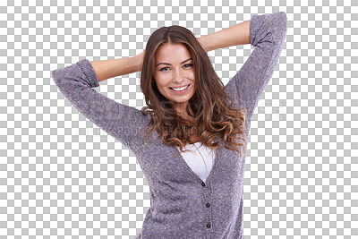 Buy stock photo Portrait, fashion and confidence of happy woman isolated on a transparent png background. Face, style and smile of female model, girl or person from Spain with casual clothes, aesthetic and trendy.