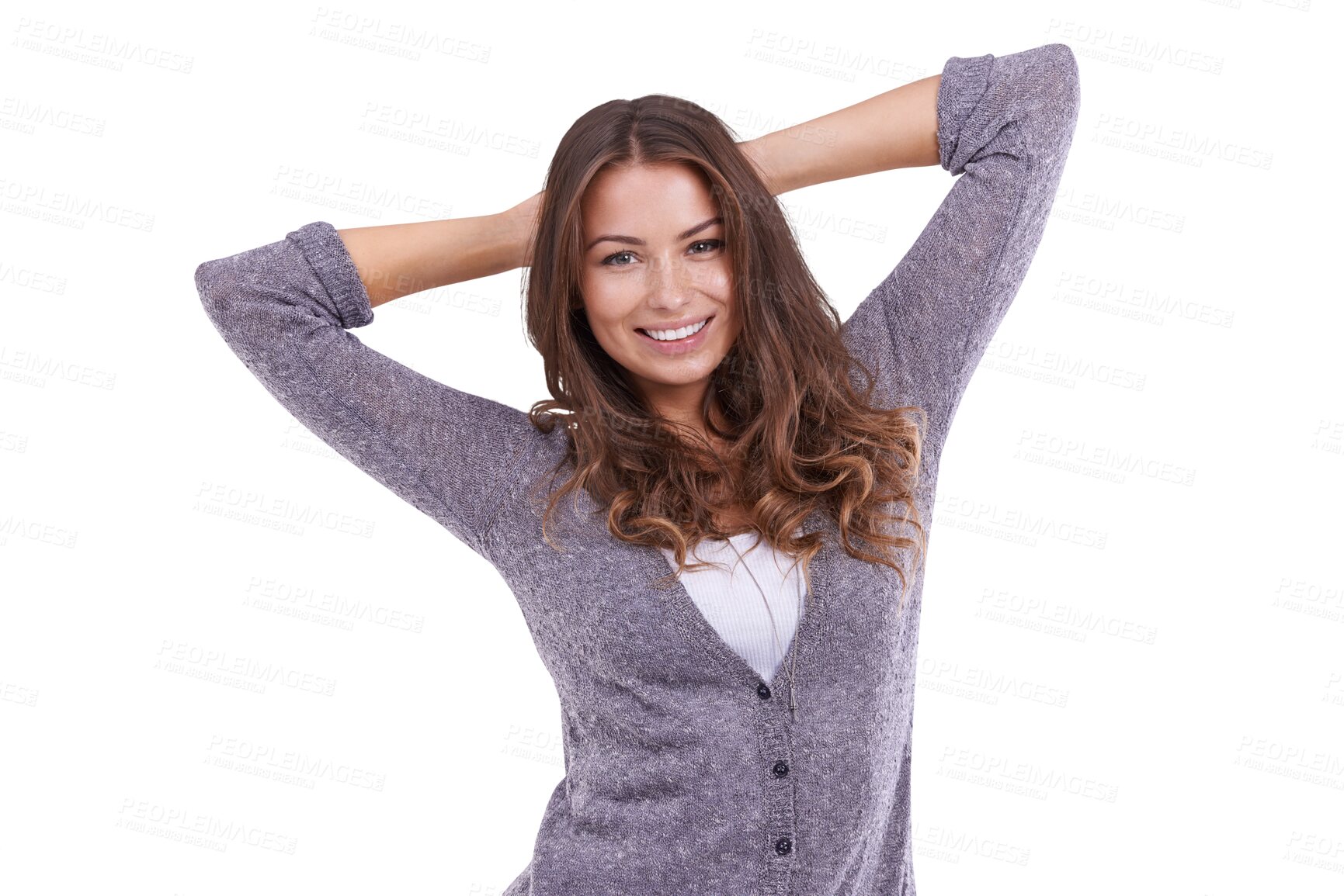 Buy stock photo Portrait, fashion and confidence of happy woman isolated on a transparent png background. Face, style and smile of female model, girl or person from Spain with casual clothes, aesthetic and trendy.