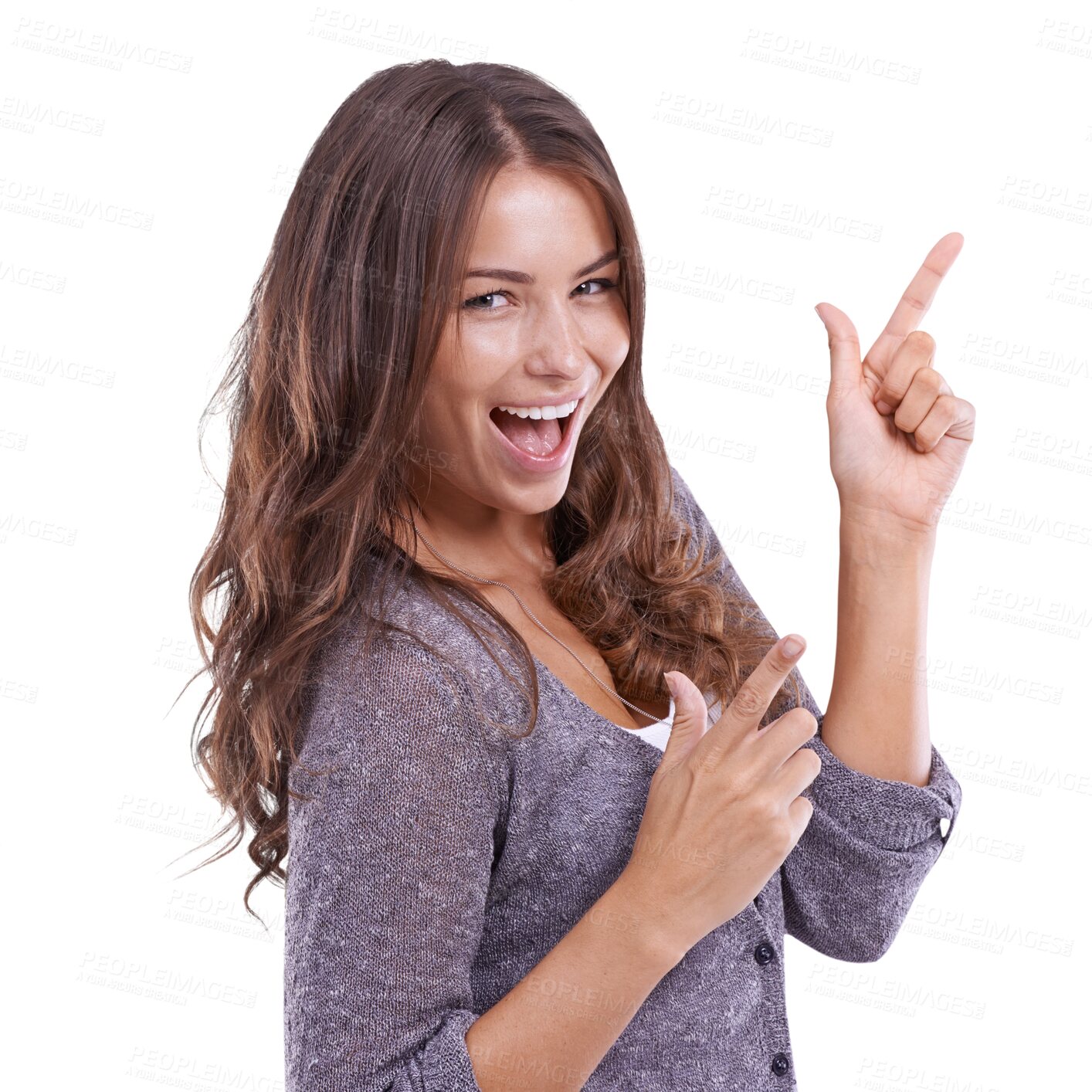 Buy stock photo Excited, pointing and portrait of woman as celebration or showing promo isolated in a transparent or png background. Happy, winning and young female person with happiness for a discount or promotion