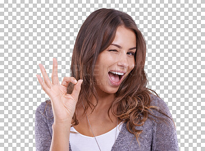 Buy stock photo Success, okay sign and woman in portrait isolated on transparent png background for thanks, support or like sign. Face of happy winner or young person winning with yes and wink emoji or hand 