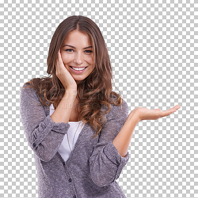 Buy stock photo Hand, portrait and woman with a choice, decision or mockup of menu offer on transparent, isolated or png background. Happy, face and person to show palm with promotion, information or branding 