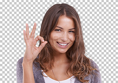 Buy stock photo Yes, OK hand gesture and emoji with woman and smile in portrait, opinion and review isolated on png transparent background. Agreement, feedback and like with thank you, support and female person vote