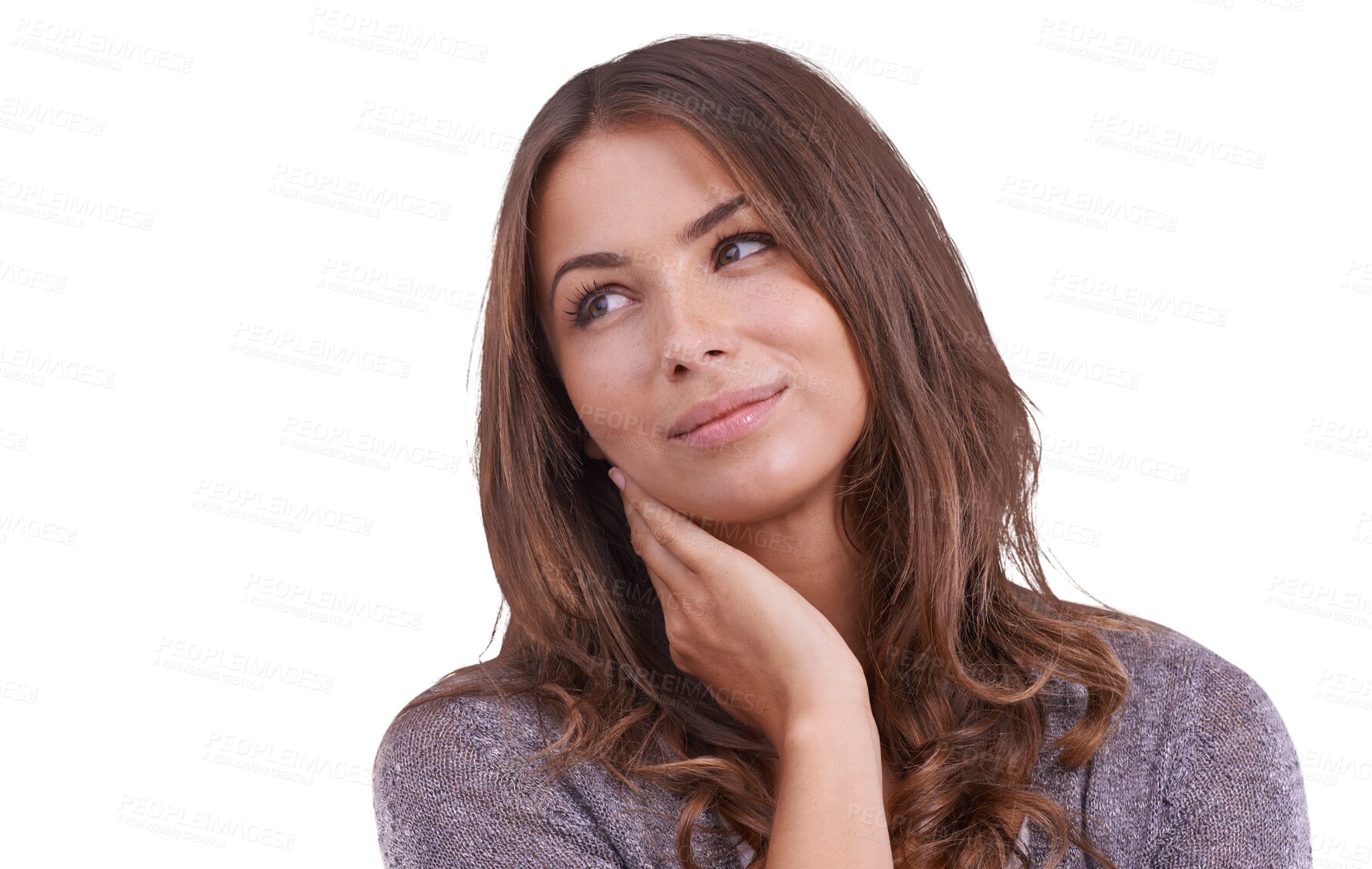 Buy stock photo Thinking, happy and woman with idea and decision on isolated, png and transparent background. Advertising, confidence and face of thoughtful female person pose for memories, remember and dreaming