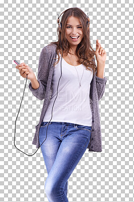 Buy stock photo Dance, girl and music with headphones in portrait in png or isolated in transparent background. Woman, happy and movement is listening to song with rhythm, radio and audio for fun, excited with tech.