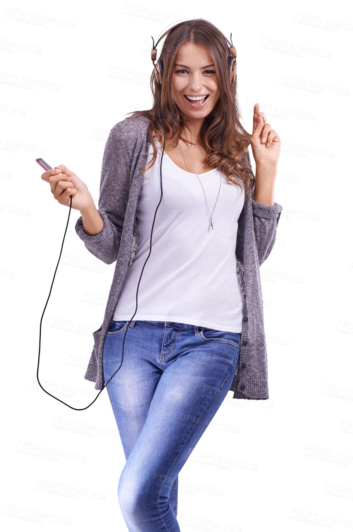 Buy stock photo Dance, girl and music with headphones in portrait in png or isolated in transparent background. Woman, happy and movement is listening to song with rhythm, radio and audio for fun, excited with tech.