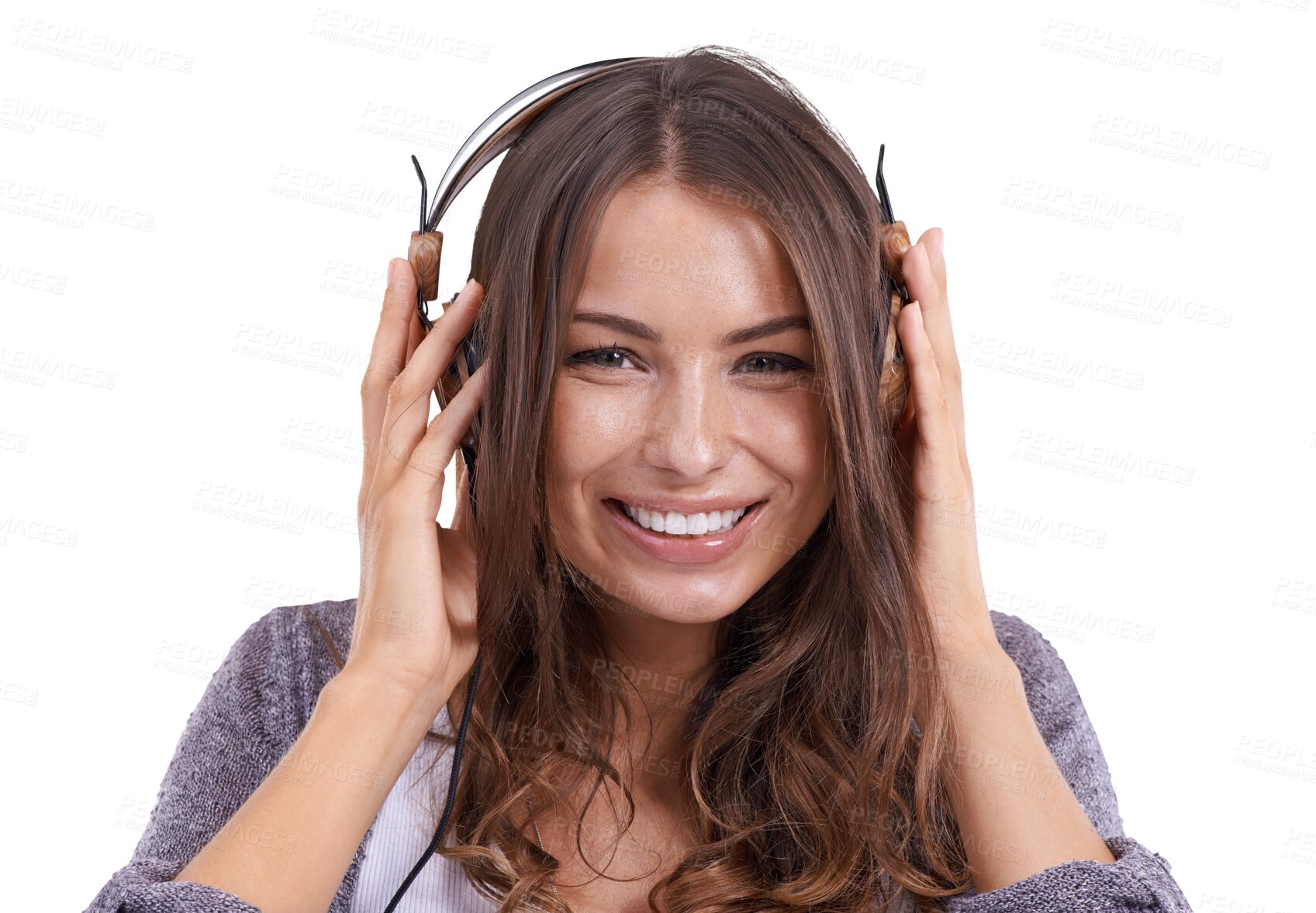 Buy stock photo Face, music headphones and happy woman isolated on a transparent png background. Portrait, smile and person listening to radio, streaming audio and sound for podcast, jazz or hearing hip hop online.