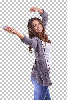 Buy stock photo Woman, dance and portrait with headphones or music in png or isolated and transparent background. Movement, girl and listening to radio with earphone for audio and fun with happiness or freedom.