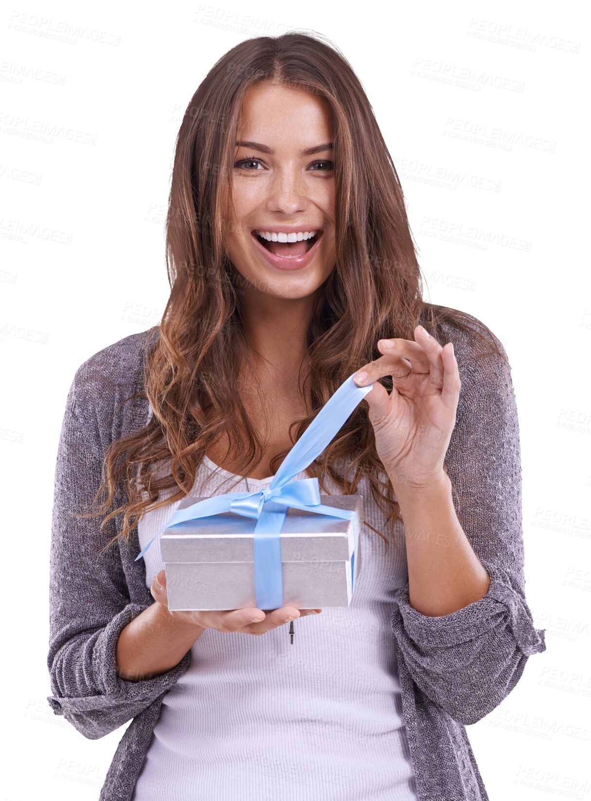 Buy stock photo Excited, gift and portrait of woman with box on isolated, PNG and transparent background for party. Birthday, surprise and happy female person with package, present and parcel for festive celebration