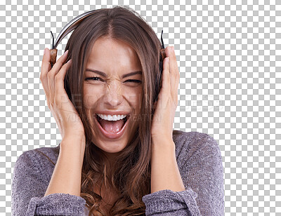 Buy stock photo Face, music headphones and singing woman isolated on a transparent png background. Portrait, excited and person listening to radio, streaming audio and podcast, jazz sound or hearing hip hop online.