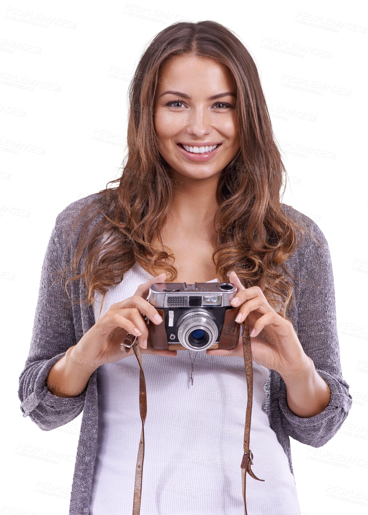 Buy stock photo Photography, camera and woman photographer happy with shot, picture and isolated in a transparent or png background. Photo, vintage and portrait of creative young female person or paparazzi with lens