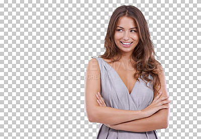 Buy stock photo Woman in fashion, model with beauty and arms crossed with smile isolated on transparent png background. Female person, elegant style and happiness, happiness and shine with glamour and classy