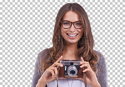 Buy stock photo Photographer, happy and camera with portrait of woman on png for vintage, retro and picture. Happiness, smile and photography with face of person isolated on transparent background for lens and focus