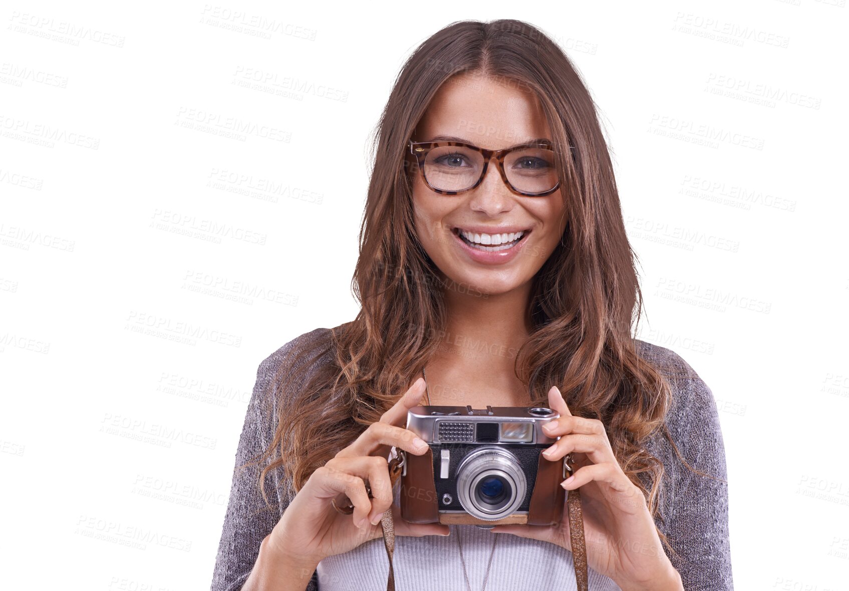 Buy stock photo Photographer, happy and camera with portrait of woman on png for vintage, retro and picture. Happiness, smile and photography with face of person isolated on transparent background for lens and focus