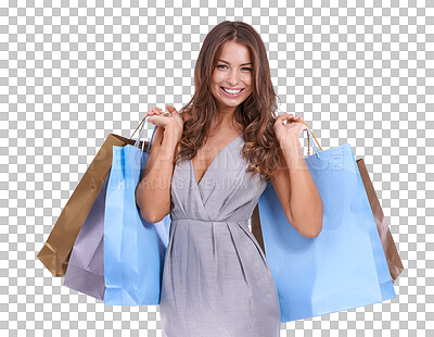 Buy stock photo Shopping bag, portrait and happy woman for fashion discount, wealth or promotion isolated on transparent png background. Retail, bonus and young customer, rich model or person with clothes sale