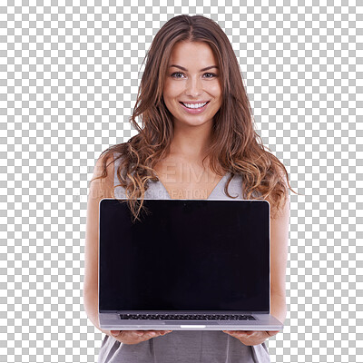 Buy stock photo Laptop screen, portrait and business woman on mockup presentation, advertising website or career application. Happy person with computer and job marketing space isolated on transparent png background