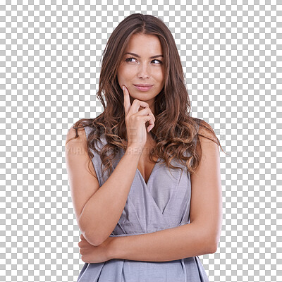 Buy stock photo Thinking, fashion and woman with idea and decision on isolated, png and transparent background. Advertising, choice and female person pose with thoughtful face for brainstorming, dream and doubt