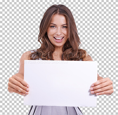 Buy stock photo Advertising, happy and portrait of woman with banner on isolated, PNG and transparent background. Information, branding and female person with poster or billboard for promotion, discount or deal news