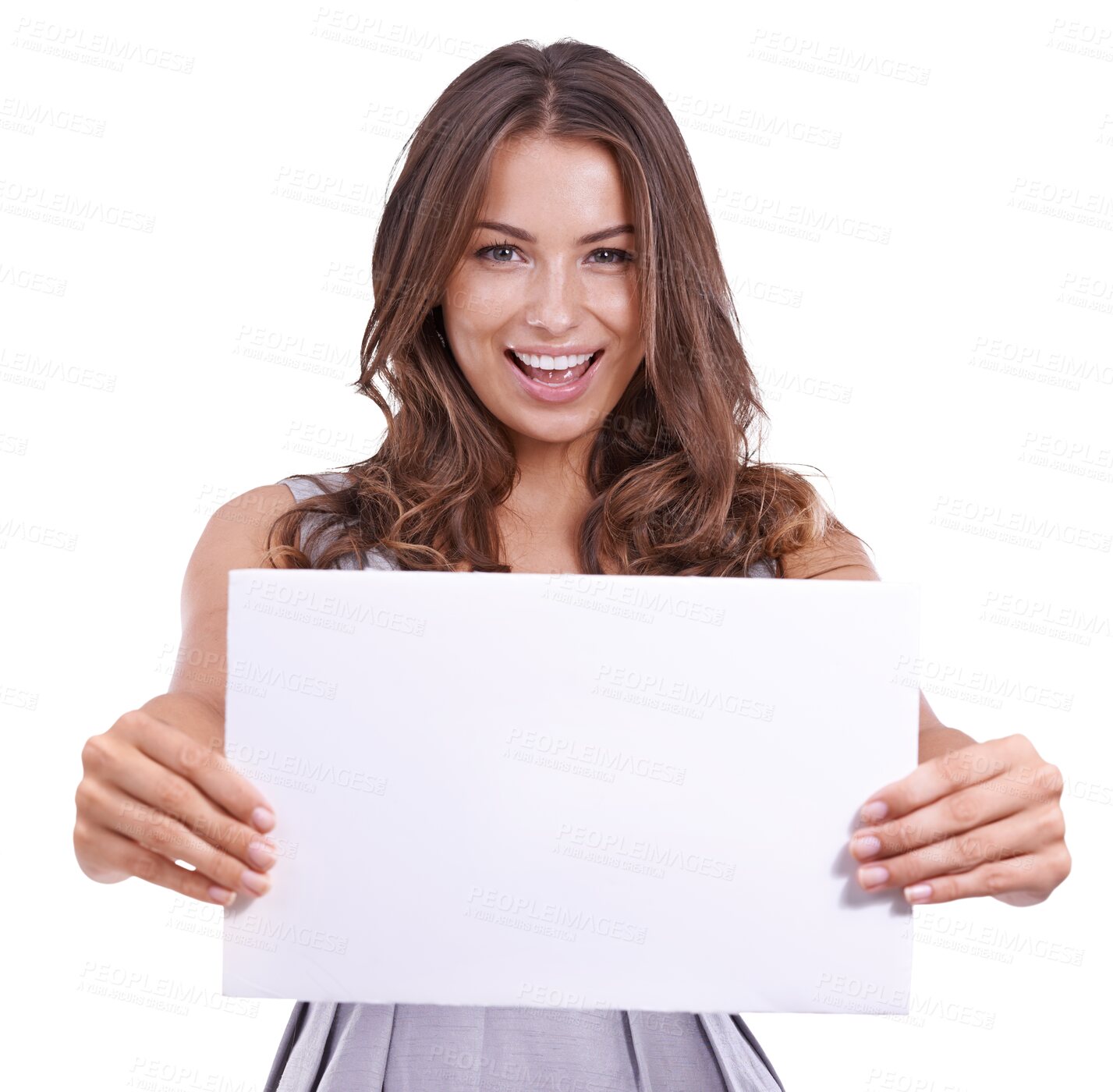 Buy stock photo Advertising, happy and portrait of woman with banner on isolated, PNG and transparent background. Information, branding and female person with poster or billboard for promotion, discount or deal news