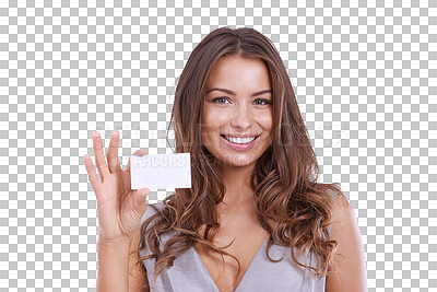 Buy stock photo Business card, happy and portrait of woman on isolated, PNG and transparent background. Marketing, professional and female person with paper sign for opportunity, networking and contact information
