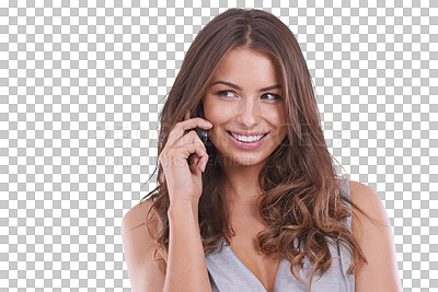 Buy stock photo Phone call, communication and woman talking on mobile app conversation isolated in a transparent or png background. Smile, happy and young female person speaking online to a contact for discussion