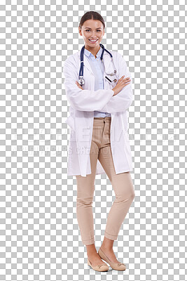 Buy stock photo Doctor, woman with arms crossed and health, portrait and cardiology surgeon isolated on png transparent background. Medical professional, cardiovascular healthcare and female person in medicine