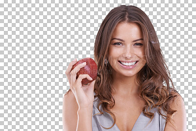 Buy stock photo Apple, fruit and portrait of woman smile for health, wellness and diet isolated in a transparent or png background. Health, nutrition and young female person with detox food as vegan or nutritionist