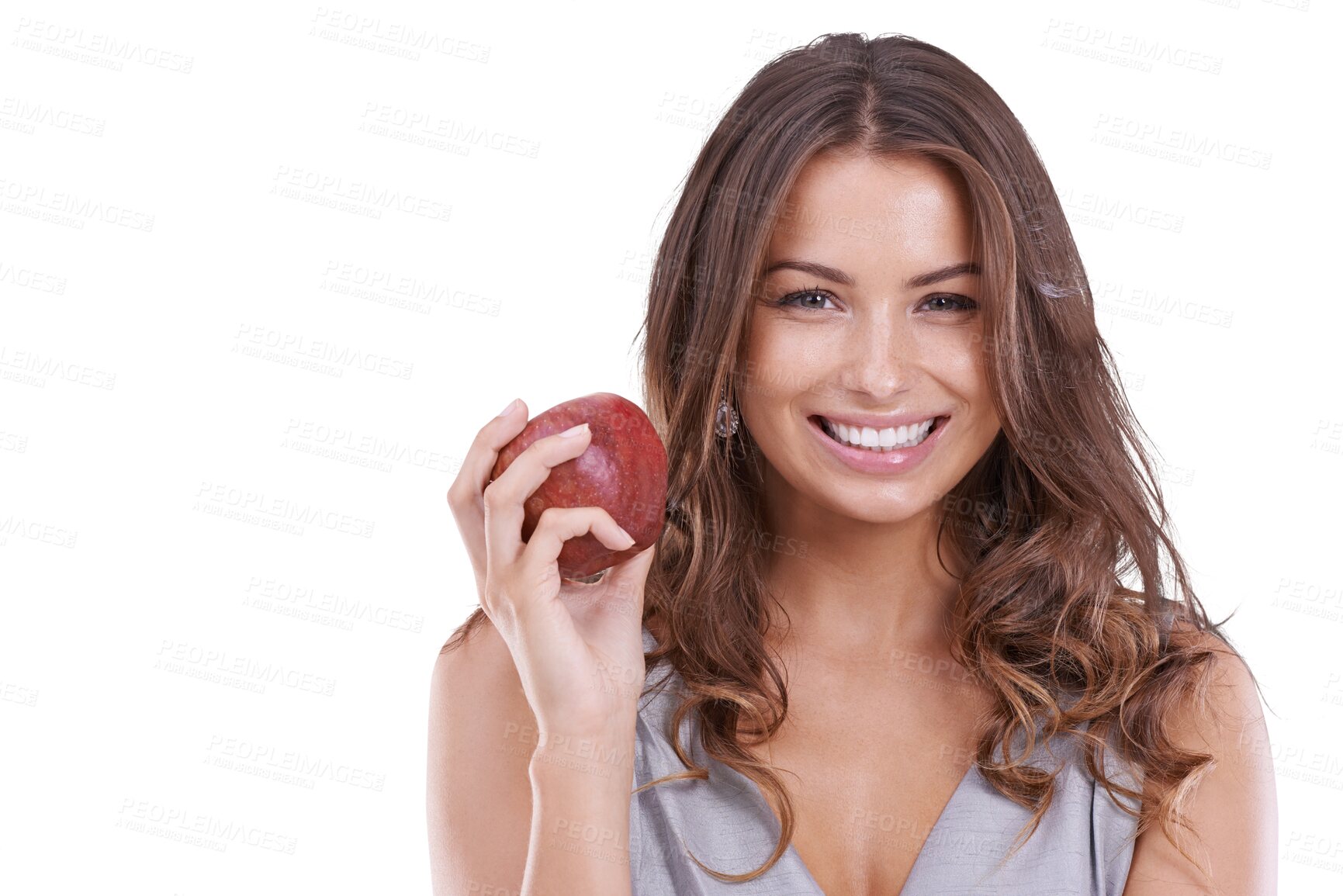 Buy stock photo Apple, fruit and portrait of woman smile for health, wellness and diet isolated in a transparent or png background. Health, nutrition and young female person with detox food as vegan or nutritionist