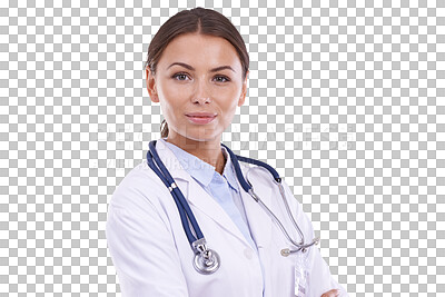 Buy stock photo Portrait, serious doctor and woman isolated on a transparent png background. Medical professional, surgeon and face of worker, employee and healthcare expert from Brazil in hospital for wellness.