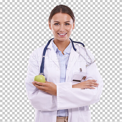 Buy stock photo Happy woman, portrait and doctor with apple for health, wellness or diet isolated on a transparent PNG background. Female person smile in medical healthcare with organic fruit for natural nutrition