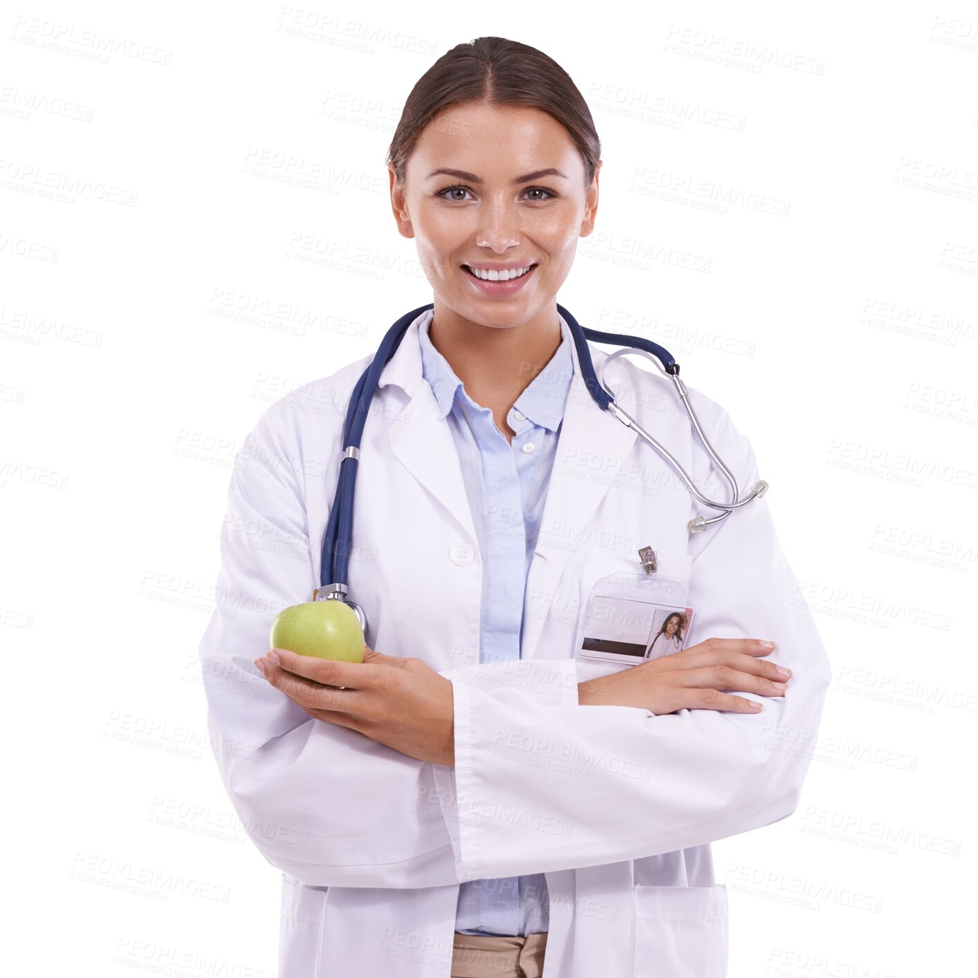 Buy stock photo Happy woman, portrait and doctor with apple for health, wellness or diet isolated on a transparent PNG background. Female person smile in medical healthcare with organic fruit for natural nutrition