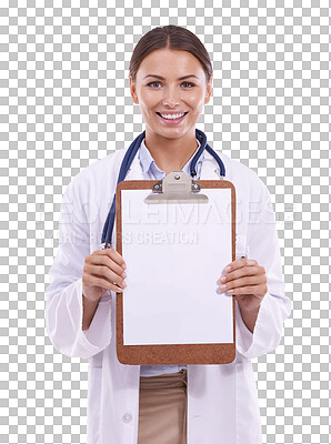 Buy stock photo Happy woman, portrait and doctor with clipboard mockup for application isolated on a transparent PNG background. Female person smile in medical healthcare with board, sign or form for prescription