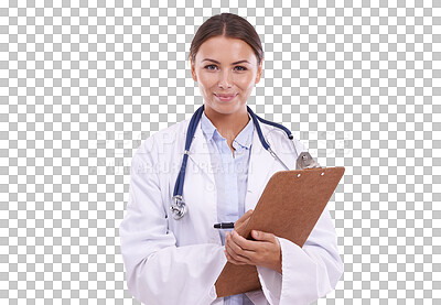 Buy stock photo Woman, doctor and clipboard, health insurance paperwork and medical info with portrait on png transparent background. Female person in medicine, writing and document for healthcare and test results