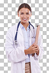 Clipboard, portrait and doctor or woman isolated on transparent png background for schedule or healthcare service. Documents, checklist and medical worker for results or clinic charts in consultation