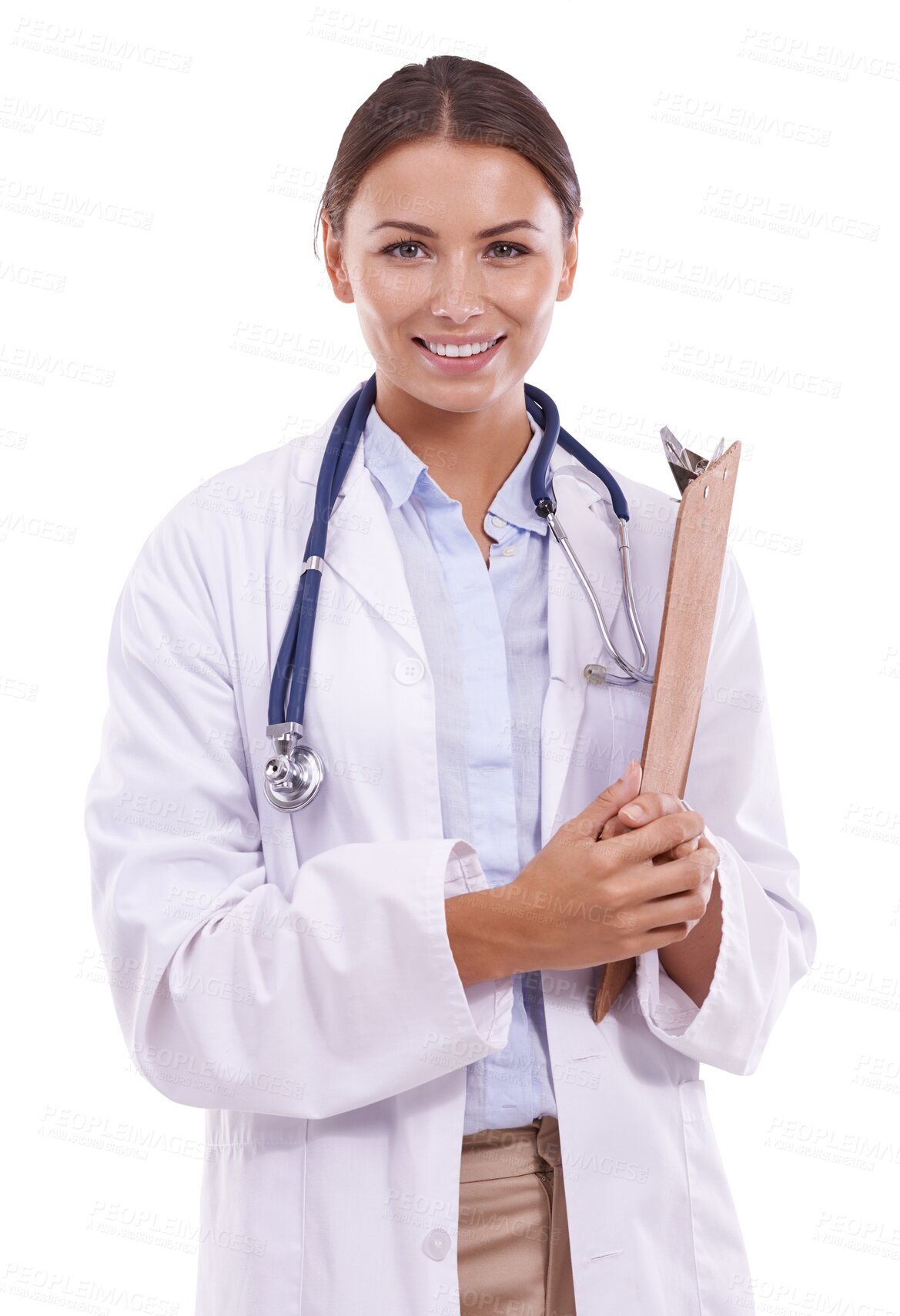 Buy stock photo Clipboard, portrait and doctor or woman isolated on transparent png background for schedule or healthcare service. Documents, checklist and medical worker for results or clinic charts in consultation