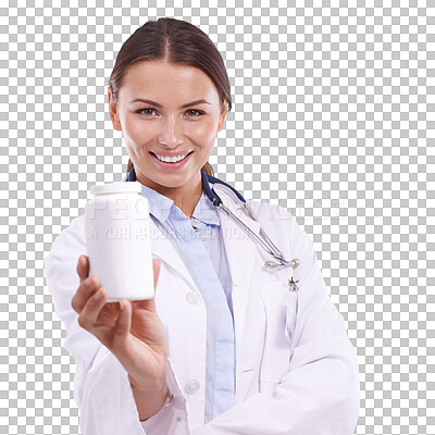 Buy stock photo Medicine, offer and doctor with portrait of woman on png for medical, supplements or pharmacy. Healthcare, pharmacist and wellness with person and product isolated on transparent background for pills