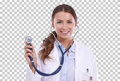 Buy stock photo Happy woman, portrait and doctor with stethoscope for heart beat isolated on a transparent PNG background. Female person, medical or healthcare professional smile in cardiology, BPM or clinic checkup