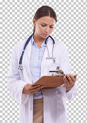 Buy stock photo Clipboard, thinking and doctor or woman isolated on transparent png background for healthcare administration. Documents, checklist and medical person reading results or clinic charts in consultation