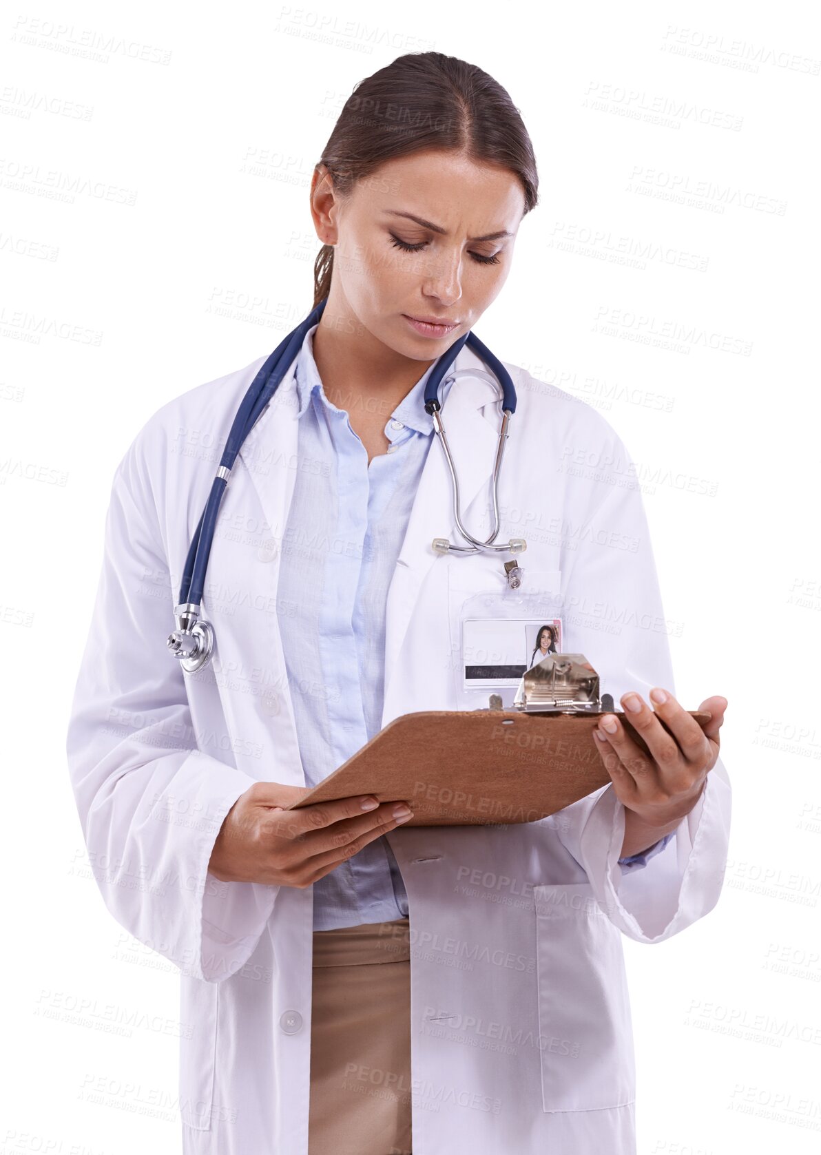 Buy stock photo Clipboard, thinking and doctor or woman isolated on transparent png background for healthcare administration. Documents, checklist and medical person reading results or clinic charts in consultation