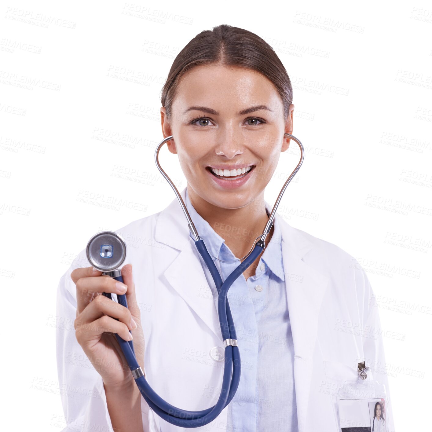 Buy stock photo Stethoscope, healthcare and portrait of doctor with smile for cardiology isolated in a transparent or png background. Happy, medical and medicine professional to test or listening heart beat
