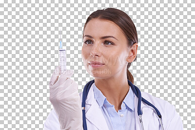 Buy stock photo Woman, doctor and syringe for vaccine, injection or cure isolated on a transparent PNG background. Female person, medical or healthcare professional holding needle for drug, vaccination or flu shot