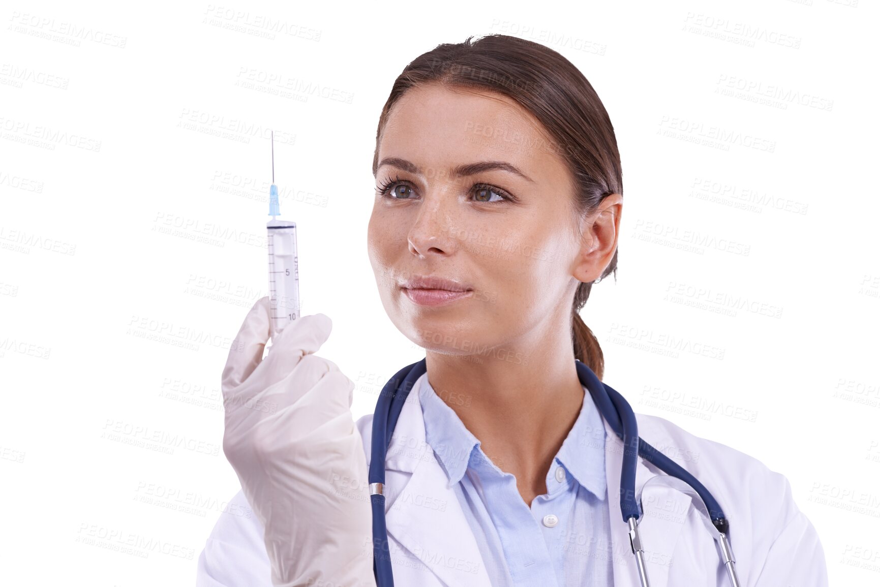 Buy stock photo Woman, doctor and syringe for vaccine, injection or cure isolated on a transparent PNG background. Female person, medical or healthcare professional holding needle for drug, vaccination or flu shot