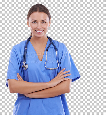 Buy stock photo Woman, arms crossed and nurse in portrait, health and stethoscope with smile isolated on transparent png background. Healthcare, female person in nursing and medical professional with confidence